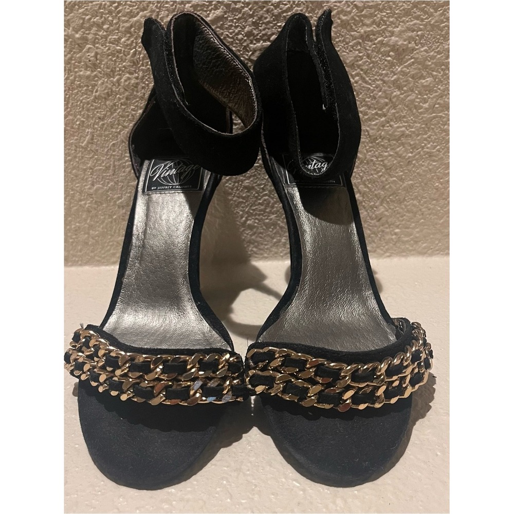 Vintage by Jeffrey Campbell Black Suede Ankle-Strap Heels with Gold Chain 6.5
